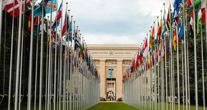 UN Building with flags